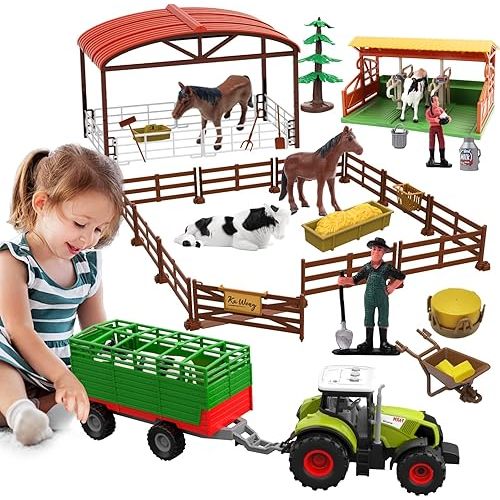 Dwi Dowellin Farm Animal Toys Set,69 Pcs Farm Toys with Tractor with Trailer,Horse Stable Grain Bins Horse Cow Farmer Figures Fence Playset for Kids Toddlers Boy Girl 3-12 Years Old