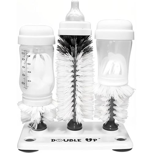 Double Baby Bottle Cleaning Brush Set with Suction Base - Cleans Two Bottles at Once - Includes Nipple Cleaner Brush - High Density Bristles, Dishwasher Safe - Baby Gift & Newborn Essential