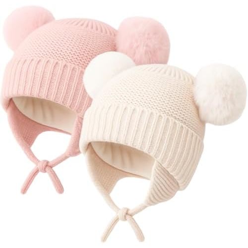 Konssy 2 Pack Baby Winter Hat with Earflaps, Warm Knit Beanie, Cozy Baby Hat for Boys & Girls 0–6 Months