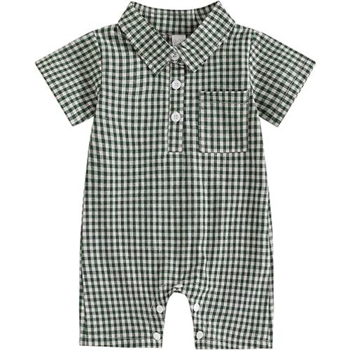 Karuedoo Newborn Baby Boy Clothes Gingham Short Sleeve Collared Romper Jumpsuit Plaid Button Down Bodysuit Summer Outfit