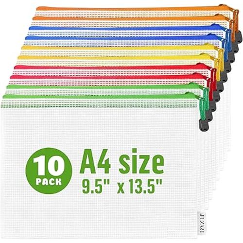 JUZARI 10 Pack Mesh Zipper Pouch Bags A4-13.5x9.5 in Plastic Zipper Pouches for Organizing - Document Bags With Zippers - Letter Size Zippered Pouches - Document Pouch With Zippers