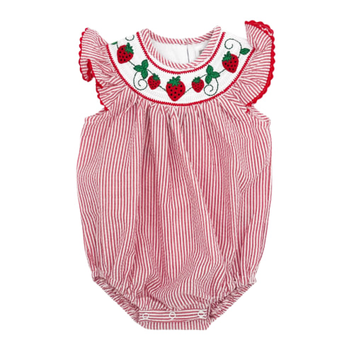 Red Seersucker Strawberry Smocked Romper