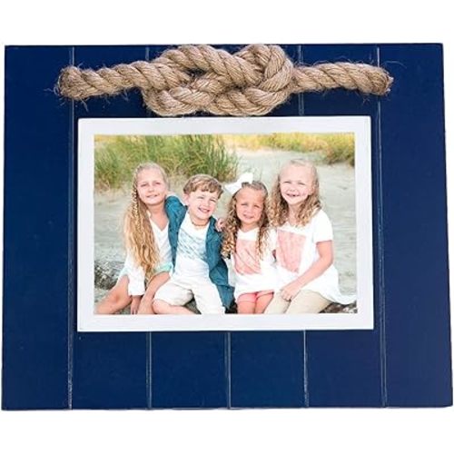 Beachcombers Navy Picture Photo Frame 5"X7" With Jute Rope Accent Wood Coastal Nautical Home Decor Decoration For Tabletop Display Wall Blue