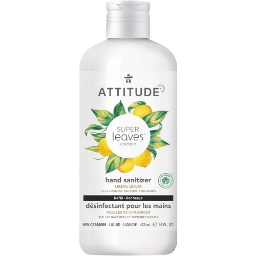 ATTITUDE Hand Sanitizer Refill, EWG Verified, Kills Germs & Bacteria, Vegan & Plant-Based, Safe for Adults & Kids, Lemon Leaves Scent, 473 mL