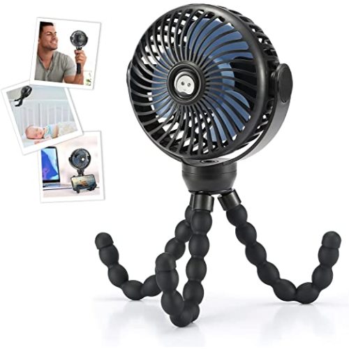 snawowo Upgraded Portable Baby Stroller Fan, 360°Rotate Rechargeable Mini Clip on Fan with Flexible Tripod for Stroller Treadmill Crib Car Seat Travel, 4000mAh Battery Powered Handheld Fan (Black)