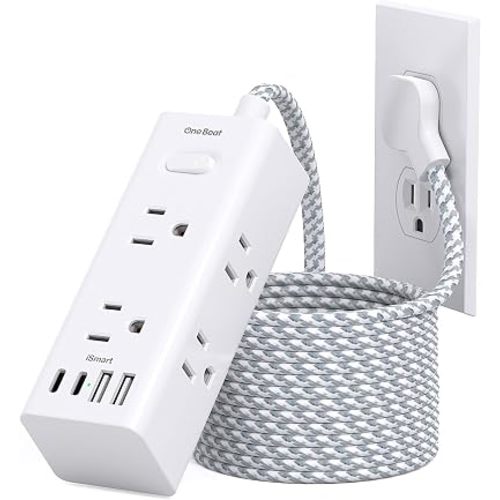 Flat Plug Extension Cord 15Ft, One Beat Surge Protector Power Strip 15 Ft Cord with 6 Widely Outlets 4 USB Ports (2 USB C), 3 Way Wall Outlet Extender Extension Cord for Home Office College Dorm Room