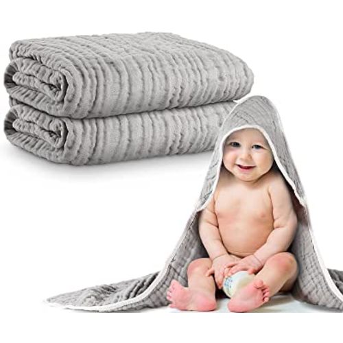 Muslin Cotton Hooded Baby Bath Towel Sets Large 32 x 32 Inch Soft Unisex Bath Towels Bulk for Babies, Toddler, Infant, Newborn, Baby Gifts for Girl Boy (Light Gray, 2 Pieces)