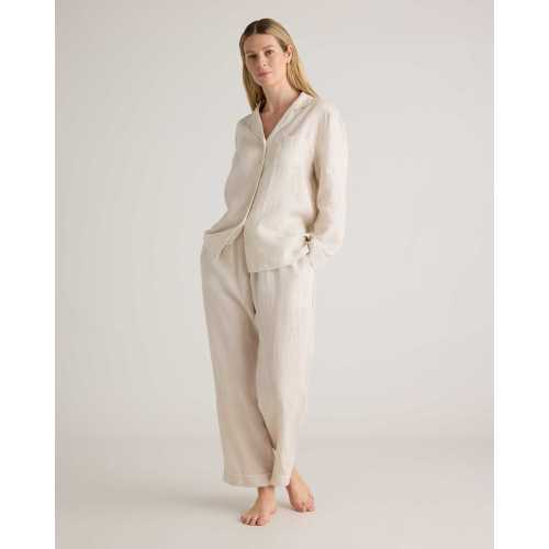 100% European Linen Long Sleeve Pajama Set with Piping