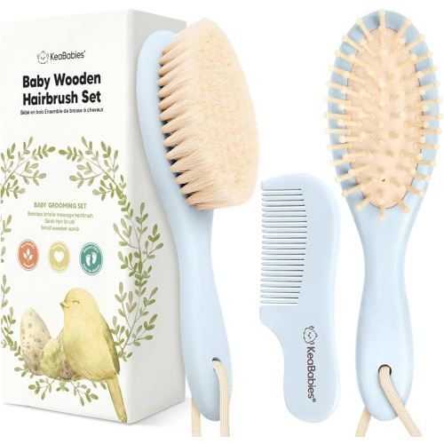 Baby Hair Brush and Comb Set for Newborn - Wooden Baby Hair Brush Set with Soft Goat Bristle, Baby Brush Set for Newborns, Baby Brush and Comb Set Girl, Boy, Toddler Cradle Cap Brush (Oval, Frost)
