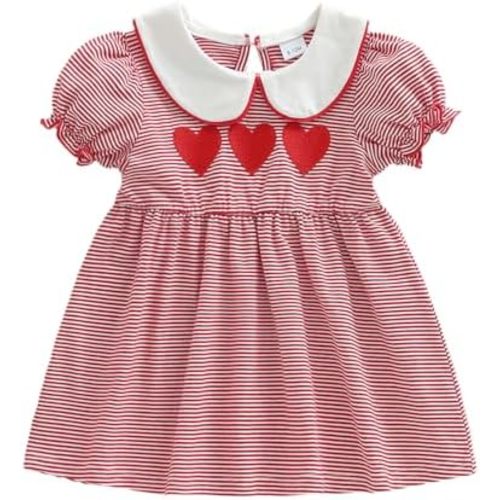 Toddler Kids Little Girl Peter Pan Collar Dress Red Heart Puff Sleeve Striped Dresses Valentines Outfit Cute Clothes