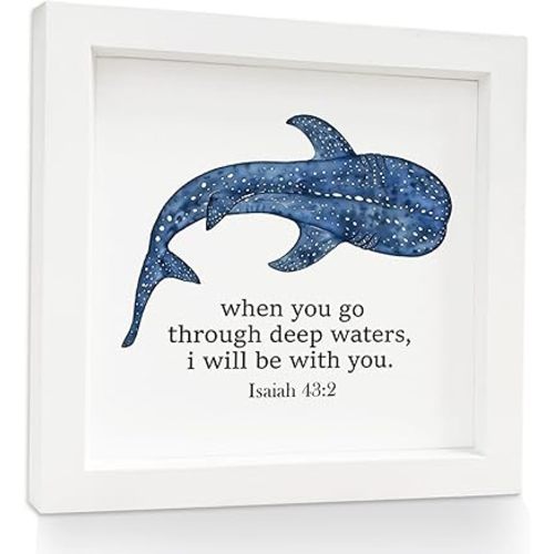 Mtrgdn Whale Shark Wall Decor,Coastal Ocean Theme Isaiah 43:2 Bible Verse Decor,Summer Blue Marine Life Wall Art for Kids Bathroom & Teen Girls Bedroom,Nautical Christian Room Decor,7x7 Wooden Framed