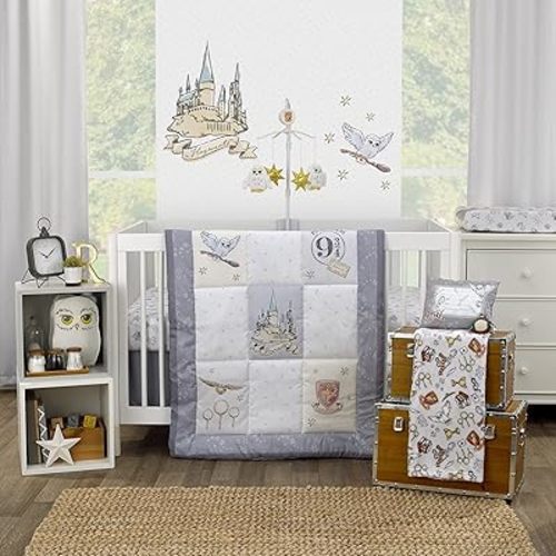 Warner Brothers Harry Potter Magical Moments Grey and White Hogwarts 3 Piece Nursery Crib Bedding Set - Comforter, Fitted Crib Sheet and Crib Skirt
