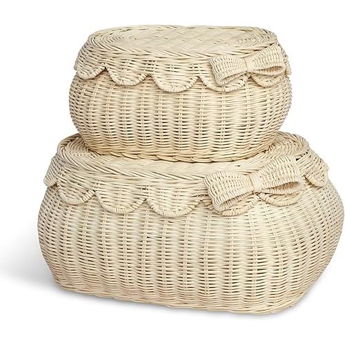 BEBE BASK The Original Scalloped Basket Set Of 2 – Small Scallop Basket with Bow - Natural with Bow