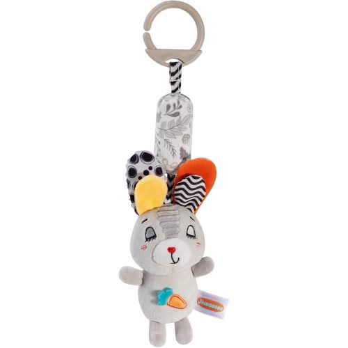 Grey Bunny Hanging Rattle Toy for Babies 0-12 Months, Soft Plush Hanging Stroller & Car Seat Toy with Gentle Bell & Squeaker, Sensory Crib Toy for Newborn Infant Development