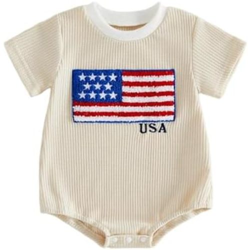 Baby Boy 4th of July Outfit Bubble Romper Striped American Flag Short Sleeve Bodysuit Newborn Waffle Knit Outfit