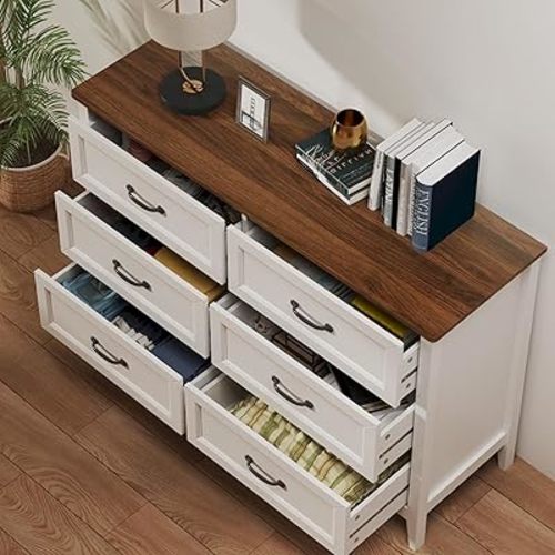 Gizoon 47.2" W Dresser for Bedroom, 6 Chest of Drawers, Modern Drawer Dresser, Wood TV Stand for Living Room, with Smooth Rail, Metal Handles, Anti-tip, Hallway, Retro