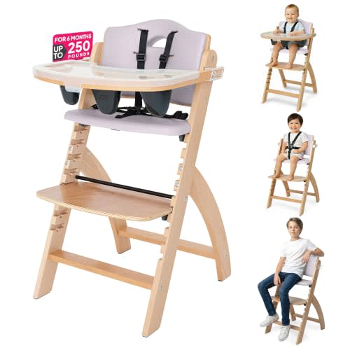 Abiie Beyond Junior Convertible Wooden High Chair with Removable Tray | 3-in-1 Adjustable Highchair for Babies & Toddlers, Fits 6 Mos to 250 lbs, Water-Resistant, Natural Wood w/ Lilac Cushion