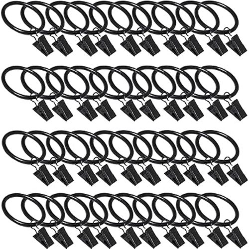 40 Pack Curtain Rings with Clips, Window Clip Rings Black Curtain Hooks Hangers Clip Rings for Hanging Drapery Drapes Bows, Big 1.5 Inch in Diameter, Fits up to 1.2" Rod,Black