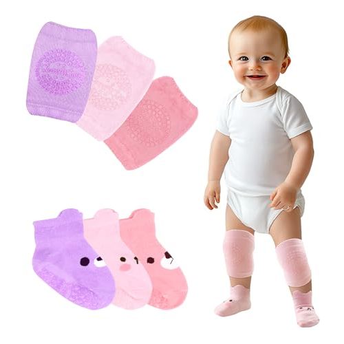 Simply Kids Anti-Slip Baby Knee Pads and Socks Set for Crawling and Walking (6 Pairs, 6-18 Months) Infant Toddler Boy Girl