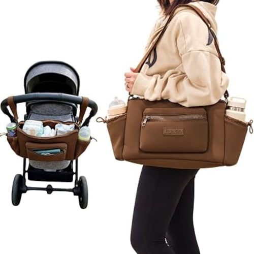 BUNSO Neoprene Stroller Organizer Caddy for Baby – 2-in-1 Stroller Bag & Crossbody Bag, 8 Pockets, 3 Interior Compartments, Adjustable Bottle & Cup Holders, Lightweight, Easy to Clean (Brownie)