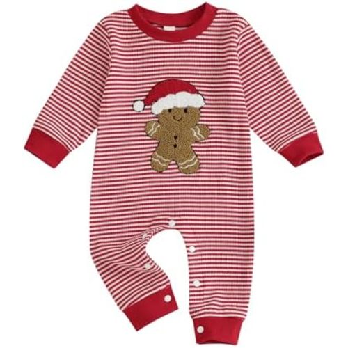 Lesimsam Unisex Newborn Baby Boy Girl Christmas Outfit Gingerbread Man Embroidery Long Sleeve Romper Jumpsuit Winter Clothes