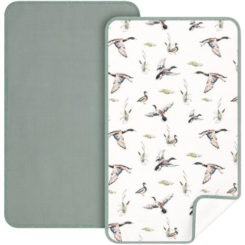 CroBlissful 2 Pack Mallard Duck Waterproof Muslin Cotton Changing Pad 30"x 17", Soft & Foldable Baby Changing Mat Travel Pad Mallard Duck Baby Stuff Hunting Nursery Decor