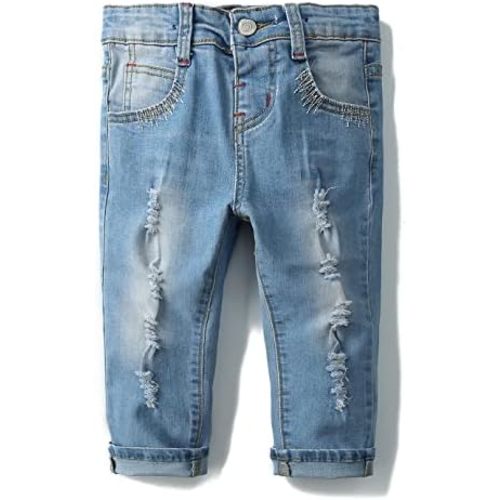 KIDSCOOL SPACE Baby Girl Boy Jeans,Elastic Band Inside with D-Rings Ripped Denim Pants