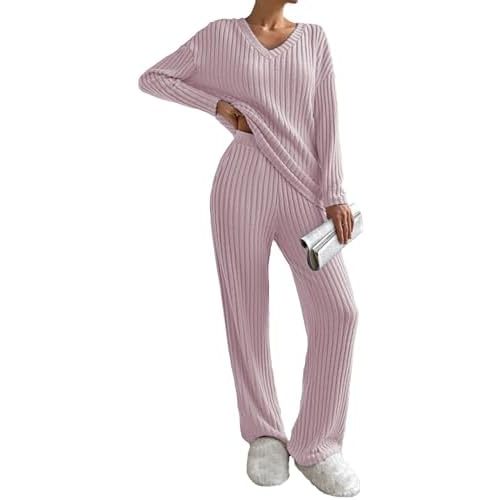 Famulily Women’s 2 Piece Outfits Lounge Sets Rib Knit Matching Pajama Set Long Sleeve V Neck Tops Wide Leg Pants with Pockets