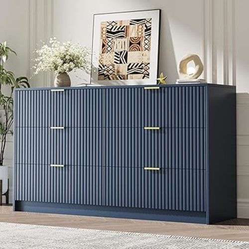 6 Drawer Dresser for Bedroom, 55" Wide Modern Chest of Drawers with Gold Metal Handles, Fluted Wood TV Stand for Living Room, Hallway(Navy Blue)