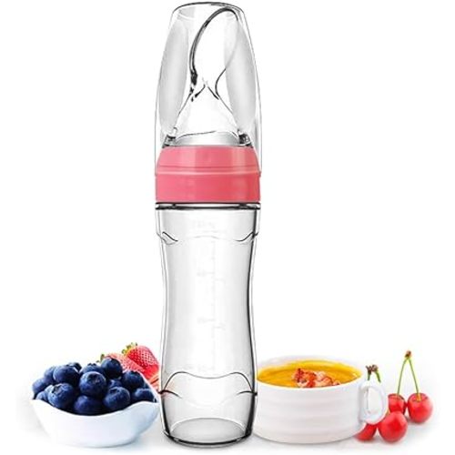 Matyz Silicone Baby Food Dispensing Spoon (Pink, 4oz / 120ml) Squeeze Feeder with Spoon - Spoon Bottle for Baby - Baby Spoon Feeder Bottle Baby Solid Food Feeder - Ideal for 4 Months+ Babies