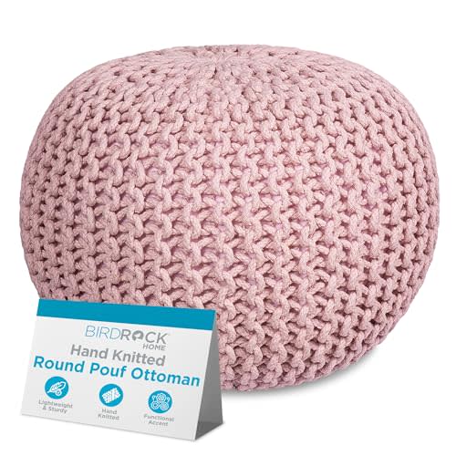 BIRDROCK HOME Round Pouf Ottoman Foot Rest - 18.5”x18.5”x15” Boho Compact Comfortable Soft Cotton Braided Foot Stool Seat with Bean Bag Filling for Living Room or Bedroom (Dusty Rose)