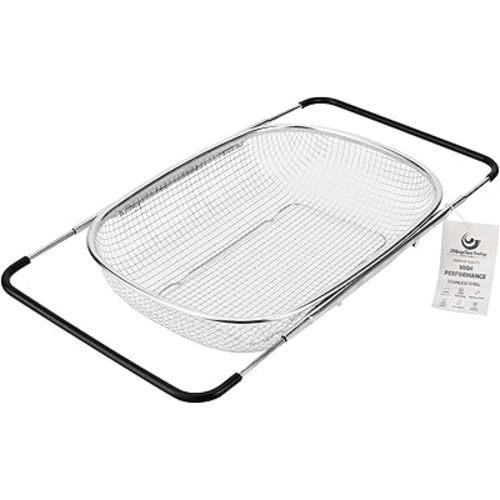 ZDRongZhen Kitchen Accessories Over the Sink Colander Strainer Basket，Stainless Steel Colander with Expandable Rubber Grip Sink Drainer-Rinse Vegetables Fruits &Strain&Drain (Large-grid)