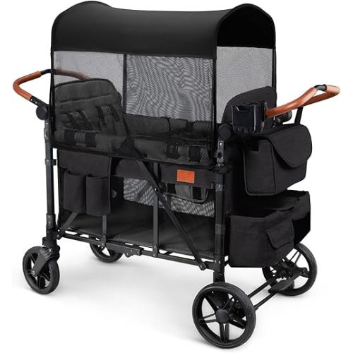 ZTDM Wagon Stroller for 4 Kids, All-Terrain Wagon for Toddler with Canopy, Parent Organizer, Shoulder Bag, Adjustable Handlebar, Phone Holder, High Seat & 5 Point Harness, Ultimate Quad (Black)