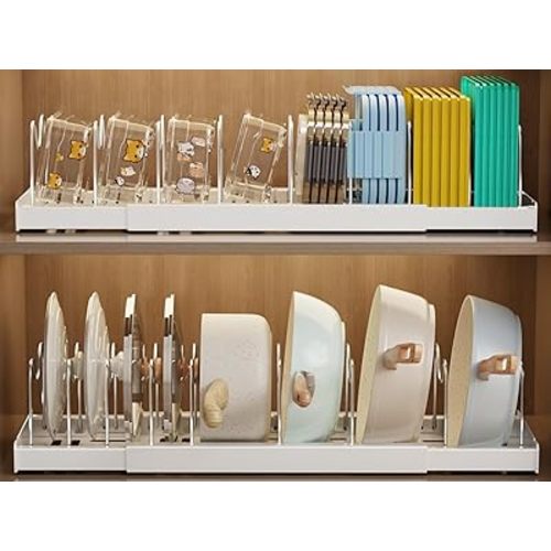 Mustorn 2 Pack Pots and Pans Organizer Under Cabinet, 22" Expandable Food Storage Container Lid Organizers with 9 Adjustable Dividers Pot and Pan Lid Holders Rack Inside Cabinet/Countertop(White)