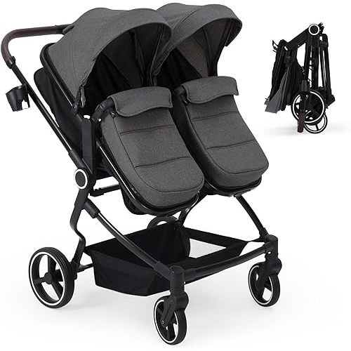 Side by Side Double Stroller Newborn and Toddler, Lightweight Compact Twin Stroller with Reversible Seat, Adjustable Backrest & Canopy, Storage Basket, Easy to Fold, Dark Grey