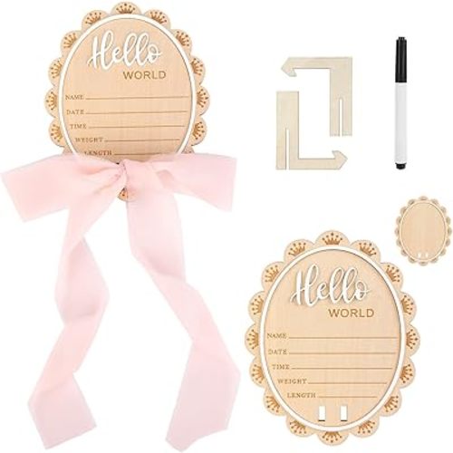 Hello World Newborn Sign with Stand & Marker, 15cm/5.9in Wooden Baby Announcement Board, Newborn Photography Props with Welcome Birth Decor, Baby Shower Decorations & Nursery Room Decor for Boy Girl