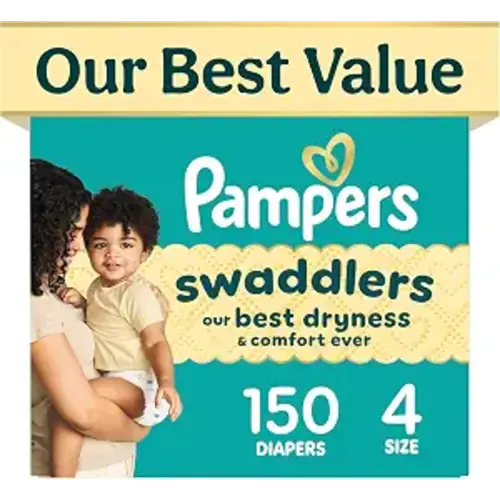 Pampers Swaddlers Diapers, Size 4 (15-34 lbs), 150 Count, Fragrance Free, Hypoallergenic, Absorbent, Pediatrician Recommended, Skin Safe
