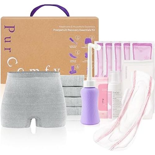18 Pcs Postpartum Essentials Recovery Kit, Includes 5 Disposable Underwear, 24 Perineal Soothing Pad Liners, Perineal Soothing Foam, 5 Instant Ice Pads, Peri Bottle and 5 Postpartum Pads