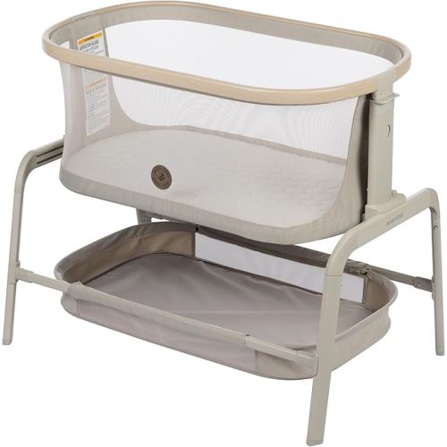 Maxi-Cosi Iora Baby Bassinets Bedside Sleeper, Portable Bassinet, Infant Bedside Sleeper Crib, Height Adjustable, Breathable Mesh, Large Storage Basket, Classic Oat