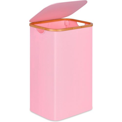 100L Laundry Hamper with Lid, Lagre Basket with Bamboo Handles,Foldable Clothes Hamper Tall Dirty Laundry Basket for Clothes Toys Towels Organizing,Pink