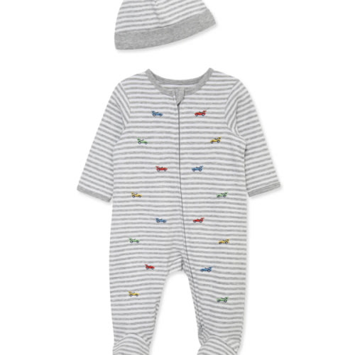 Race Cars 2-Way-Zip Footed One-Piece and Hat