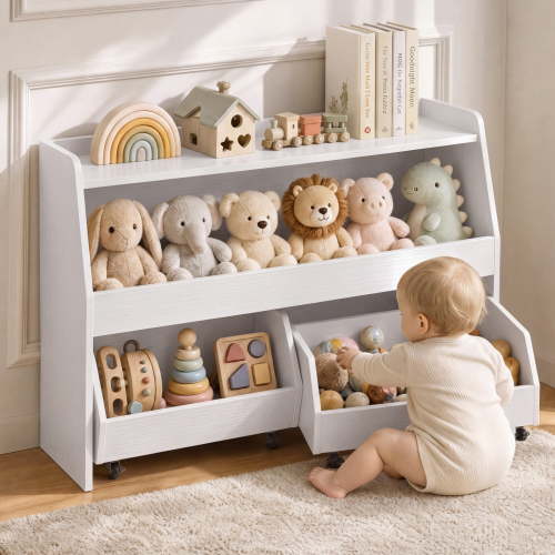 Scohul 2-Tier Kids Toy Storage Organizer, Montessori Toddler Bookshelf with Removable Rolling Bins for Playroom & Nursery, White