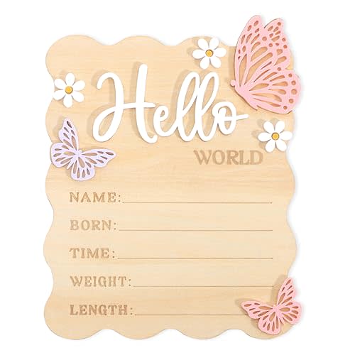Butterfly Daisy Hello Worid Board - Little Butterfly Birth Announcement Sign, Wooden Hello World Card for Hospitals, Newborn Birth Information Record Board, Daisy Nursery Decorations Photo Props