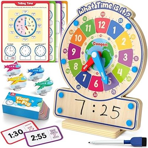 Coogam Wooden Clock Teaching Time Toy, Analog Digital Clock with Fly-Telling Time Board Game, Montessori Time Learning Educational Toy for 3 4 5 Year Old Homeschool Classroom Kids