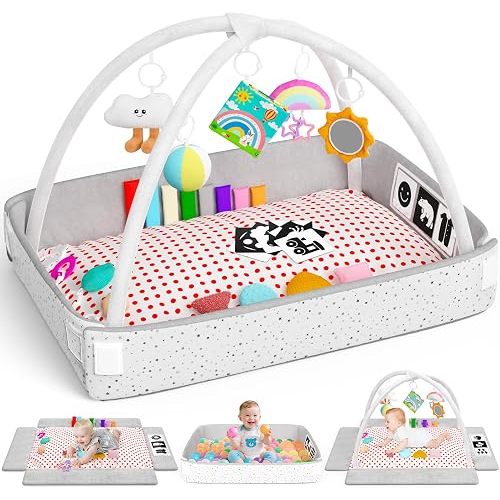 Baby Play Gym Mat Tummy Time Mat with 5 Detachable Activity Center Newborn Infant Babies Boy Girl Gifts for Babies Toys 0-3-6-12 Months Newborn Infant Babies Essentials Gift