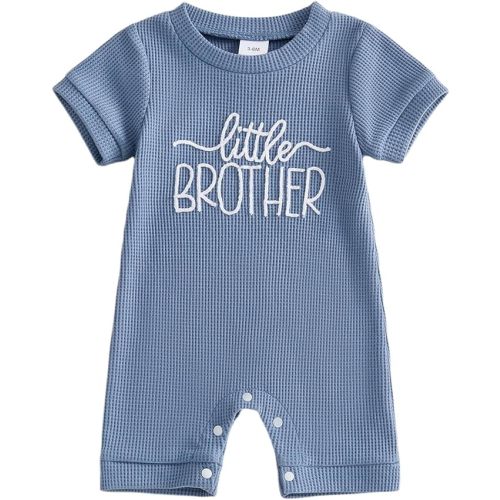 allshope Newborn Baby Boy Summer Outfit Romper Little Brother Lil Bro Embroidery Jumpsuit Cute Infant Waffle Clothes