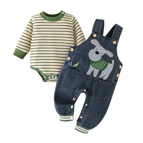 Baby Boy Clothes Fall Winter Outfits Long Sleeve Striped Romper Cute Cartoon Jeans Overalls Pants Set 0-18 Months
