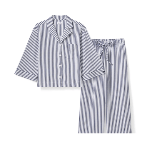 The Olivia Wide Leg Pima Pajama Set in Navy French Ticking