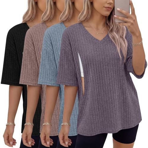 Ficerd 4 Pack Women's Oversize Nursing Shirts for Breastfeeding Hidden Zipper Ribbed V Neck Short Sleeve Maternity Tops