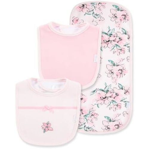 Little Me Clothes for Baby Boys’ and Girls’ 2 Bibs and 1 Burp Cloth Set, Soft Cotton Feeding Essentials with Velcro Closures